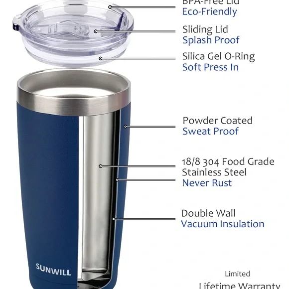 SUNWILL 20oz Tumbler with Lid (Navy Blue &Wine Red pack), Stainless Steel (2PK) - Picture 4 of 5